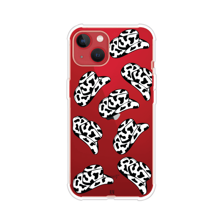 Funda para iPhone con diseño de múltiples sombreros vaqueros en estampado blanco y negro tipo vaca. Estilo western minimalista con vibe country. Producto de Remark Mx.