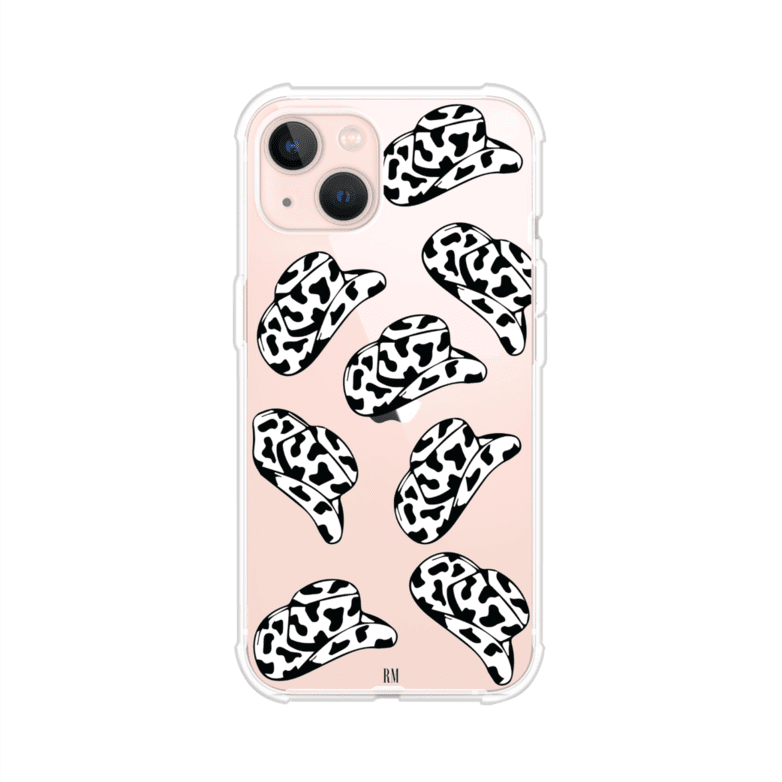 Funda para iPhone con diseño de múltiples sombreros vaqueros en estampado blanco y negro tipo vaca. Estilo western minimalista con vibe country. Producto de Remark Mx.