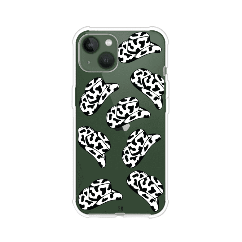 Funda para iPhone con diseño de múltiples sombreros vaqueros en estampado blanco y negro tipo vaca. Estilo western minimalista con vibe country. Producto de Remark Mx.