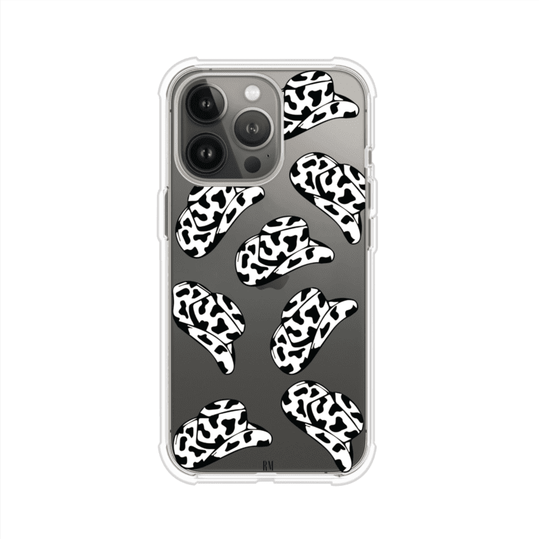 Funda para iPhone con diseño de múltiples sombreros vaqueros en estampado blanco y negro tipo vaca. Estilo western minimalista con vibe country. Producto de Remark Mx.