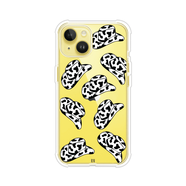 Funda para iPhone con diseño de múltiples sombreros vaqueros en estampado blanco y negro tipo vaca. Estilo western minimalista con vibe country. Producto de Remark Mx.