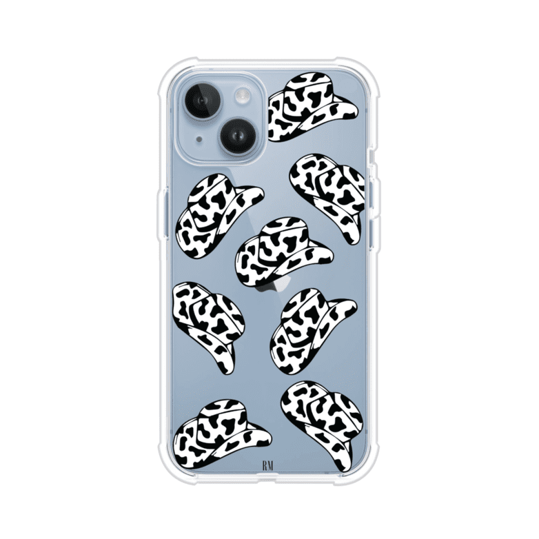 Funda para iPhone con diseño de múltiples sombreros vaqueros en estampado blanco y negro tipo vaca. Estilo western minimalista con vibe country. Producto de Remark Mx.