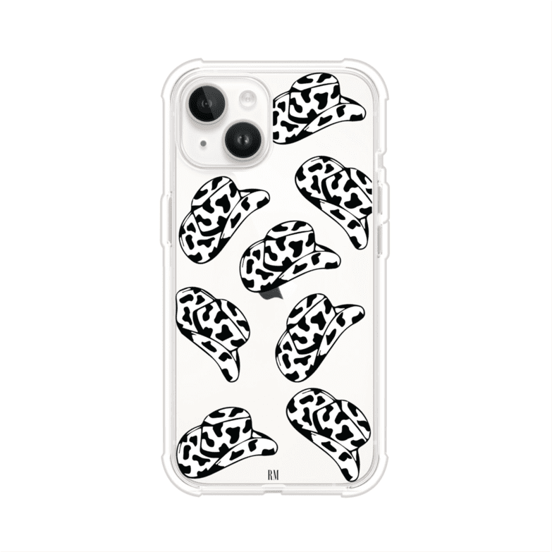Funda para iPhone con diseño de múltiples sombreros vaqueros en estampado blanco y negro tipo vaca. Estilo western minimalista con vibe country. Producto de Remark Mx.