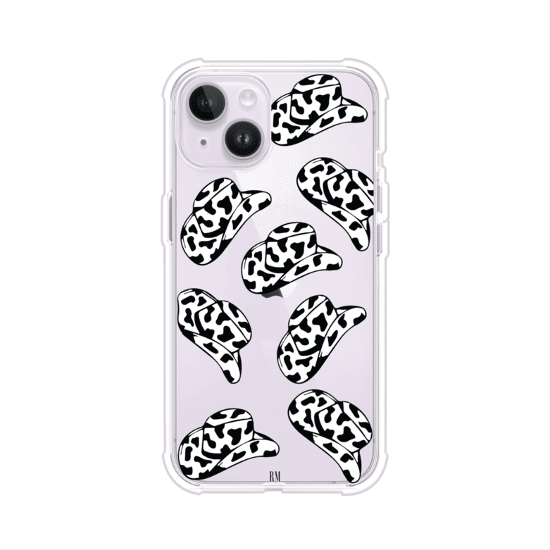 Funda para iPhone con diseño de múltiples sombreros vaqueros en estampado blanco y negro tipo vaca. Estilo western minimalista con vibe country. Producto de Remark Mx.
