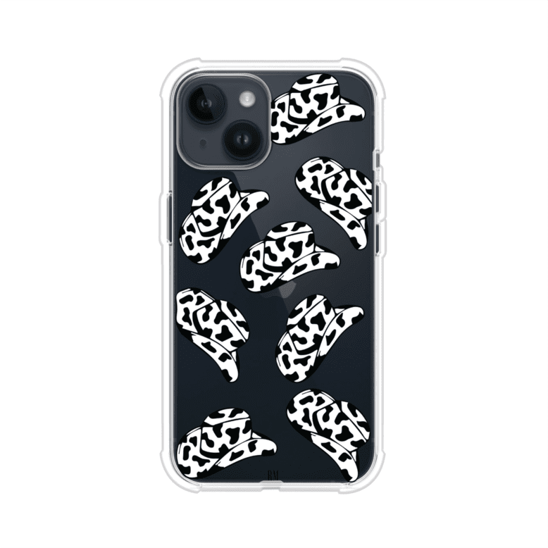 Funda para iPhone con diseño de múltiples sombreros vaqueros en estampado blanco y negro tipo vaca. Estilo western minimalista con vibe country. Producto de Remark Mx.