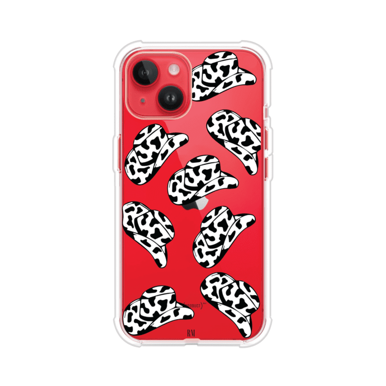Funda para iPhone con diseño de múltiples sombreros vaqueros en estampado blanco y negro tipo vaca. Estilo western minimalista con vibe country. Producto de Remark Mx.