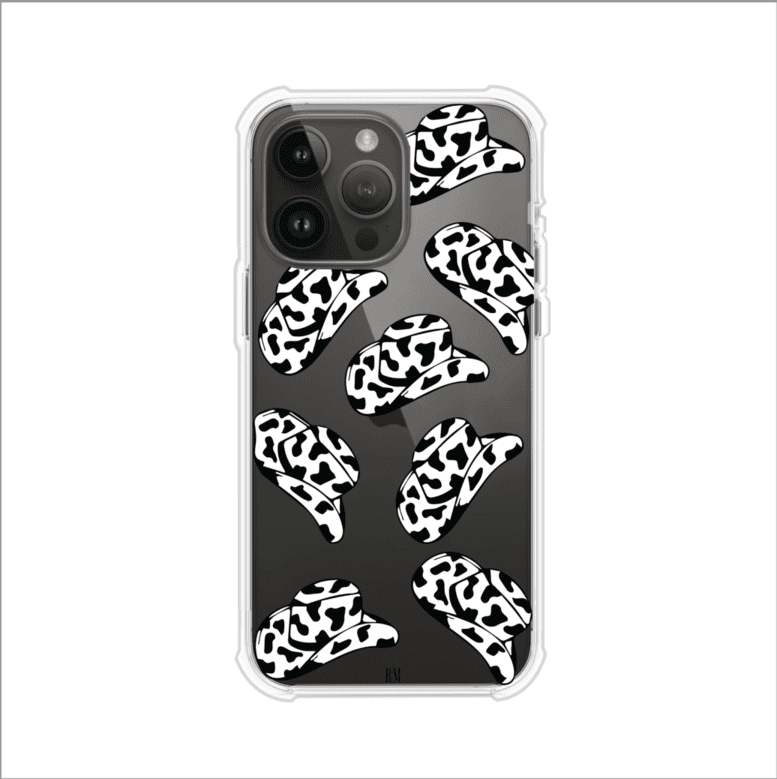 Funda para iPhone con diseño de múltiples sombreros vaqueros en estampado blanco y negro tipo vaca. Estilo western minimalista con vibe country. Producto de Remark Mx.