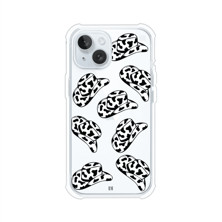 Funda para iPhone con diseño de múltiples sombreros vaqueros en estampado blanco y negro tipo vaca. Estilo western minimalista con vibe country. Producto de Remark Mx.