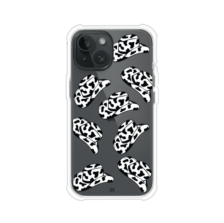 Funda para iPhone con diseño de múltiples sombreros vaqueros en estampado blanco y negro tipo vaca. Estilo western minimalista con vibe country. Producto de Remark Mx.