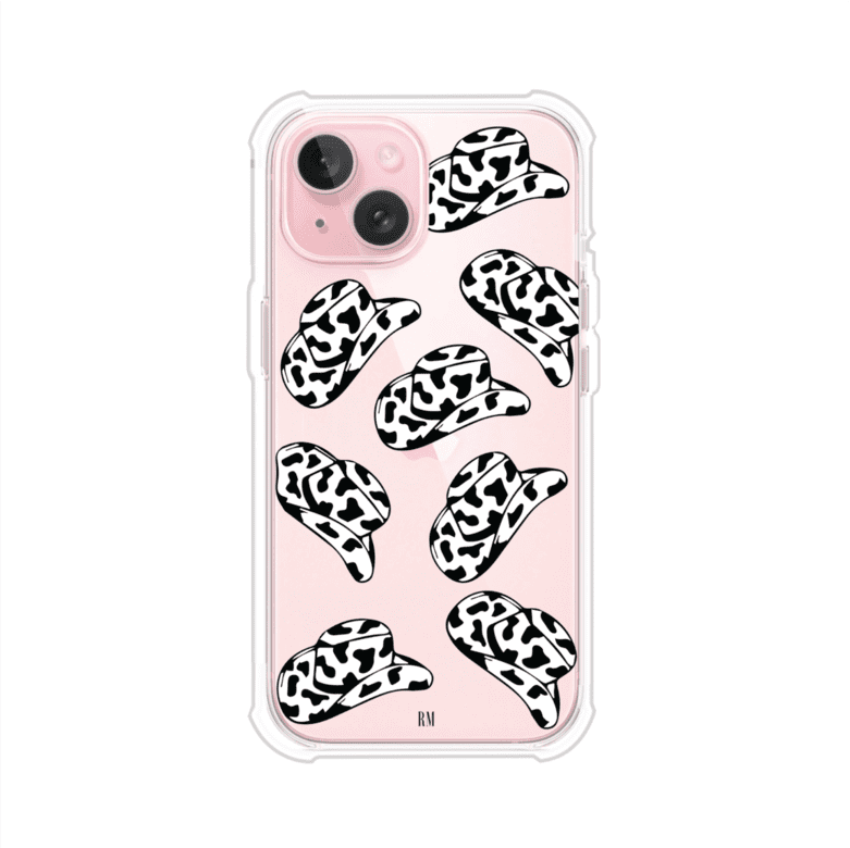 Funda para iPhone con diseño de múltiples sombreros vaqueros en estampado blanco y negro tipo vaca. Estilo western minimalista con vibe country. Producto de Remark Mx.