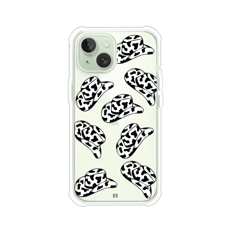 Funda para iPhone con diseño de múltiples sombreros vaqueros en estampado blanco y negro tipo vaca. Estilo western minimalista con vibe country. Producto de Remark Mx.