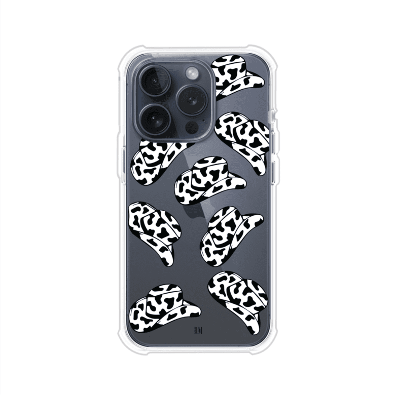 Funda para iPhone con diseño de múltiples sombreros vaqueros en estampado blanco y negro tipo vaca. Estilo western minimalista con vibe country. Producto de Remark Mx.