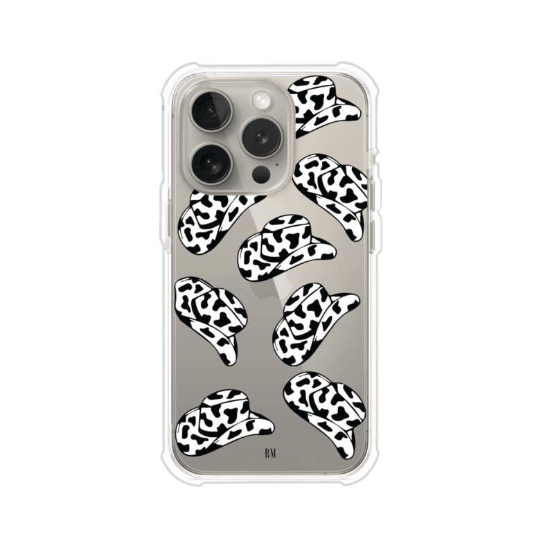 Funda para iPhone con diseño de múltiples sombreros vaqueros en estampado blanco y negro tipo vaca. Estilo western minimalista con vibe country. Producto de Remark Mx.