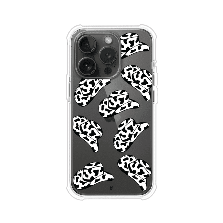 Funda para iPhone con diseño de múltiples sombreros vaqueros en estampado blanco y negro tipo vaca. Estilo western minimalista con vibe country. Producto de Remark Mx.