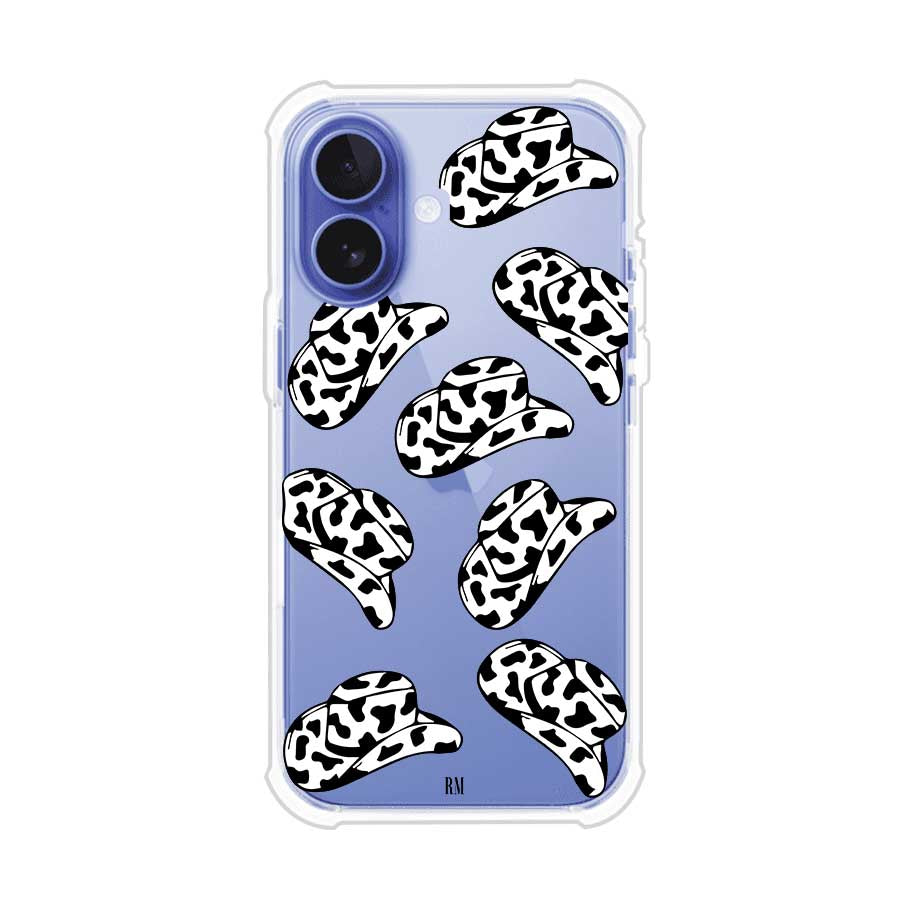 Funda para iPhone con diseño de múltiples sombreros vaqueros en estampado blanco y negro tipo vaca. Estilo western minimalista con vibe country. Producto de Remark Mx.