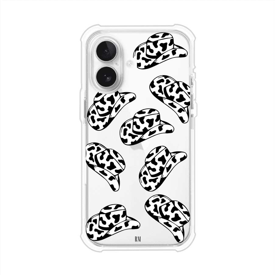 Funda para iPhone con diseño de múltiples sombreros vaqueros en estampado blanco y negro tipo vaca. Estilo western minimalista con vibe country. Producto de Remark Mx.