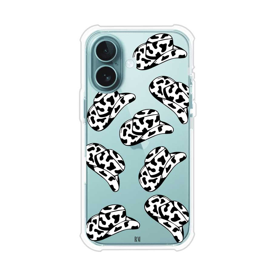 Funda para iPhone con diseño de múltiples sombreros vaqueros en estampado blanco y negro tipo vaca. Estilo western minimalista con vibe country. Producto de Remark Mx.