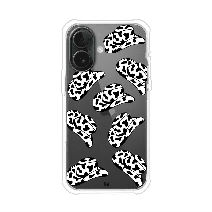 Funda para iPhone con diseño de múltiples sombreros vaqueros en estampado blanco y negro tipo vaca. Estilo western minimalista con vibe country. Producto de Remark Mx.