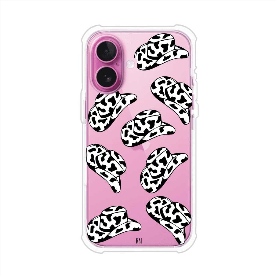 Funda para iPhone con diseño de múltiples sombreros vaqueros en estampado blanco y negro tipo vaca. Estilo western minimalista con vibe country. Producto de Remark Mx.