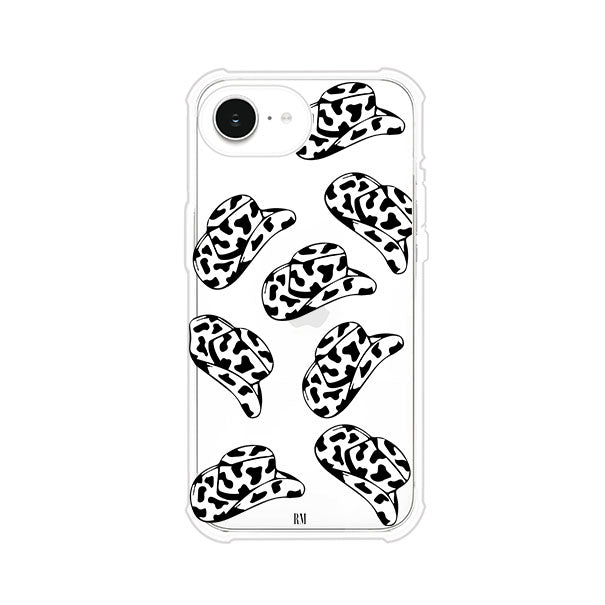 Funda para iPhone con diseño de múltiples sombreros vaqueros en estampado blanco y negro tipo vaca. Estilo western minimalista con vibe country. Producto de Remark Mx.
