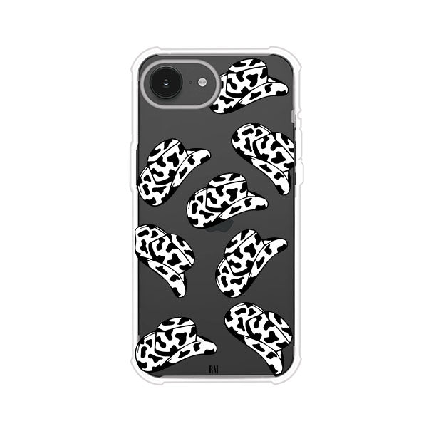Funda para iPhone con diseño de múltiples sombreros vaqueros en estampado blanco y negro tipo vaca. Estilo western minimalista con vibe country. Producto de Remark Mx.