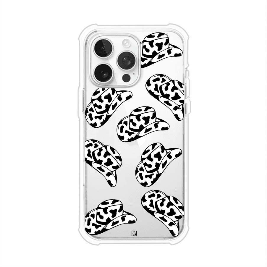 Funda para iPhone con diseño de múltiples sombreros vaqueros en estampado blanco y negro tipo vaca. Estilo western minimalista con vibe country. Producto de Remark Mx.