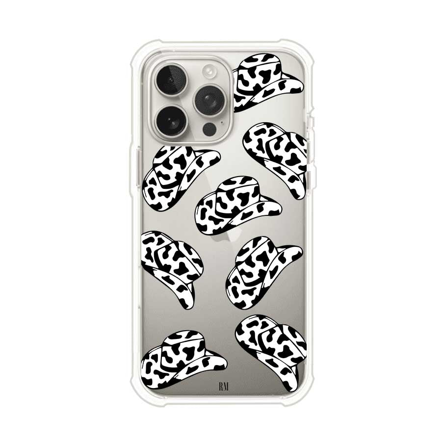 Funda para iPhone con diseño de múltiples sombreros vaqueros en estampado blanco y negro tipo vaca. Estilo western minimalista con vibe country. Producto de Remark Mx.