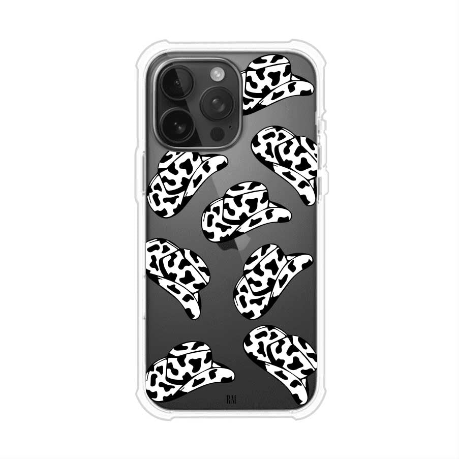 Funda para iPhone con diseño de múltiples sombreros vaqueros en estampado blanco y negro tipo vaca. Estilo western minimalista con vibe country. Producto de Remark Mx.