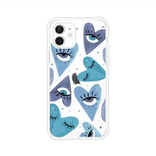 Funda para iPhone con corazones azules y ojos ilustrados, diseño artístico original y expresivo para un estilo auténtico. Producto de Remark Mx