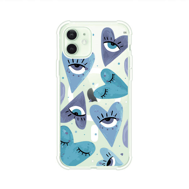 Funda para iPhone con corazones azules y ojos ilustrados, diseño artístico original y expresivo para un estilo auténtico. Producto de Remark Mx