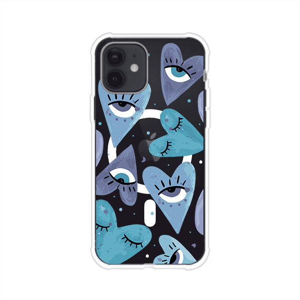 Funda para iPhone con corazones azules y ojos ilustrados, diseño artístico original y expresivo para un estilo auténtico. Producto de Remark Mx