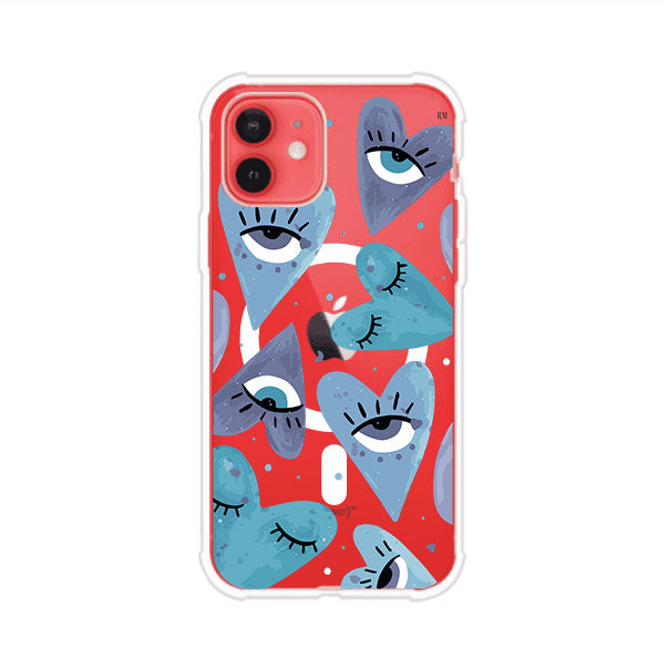 Funda para iPhone con corazones azules y ojos ilustrados, diseño artístico original y expresivo para un estilo auténtico. Producto de Remark Mx