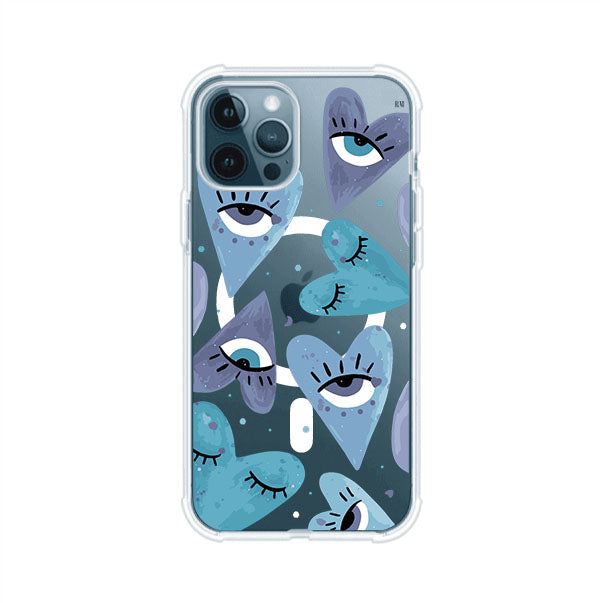 Funda para iPhone con corazones azules y ojos ilustrados, diseño artístico original y expresivo para un estilo auténtico. Producto de Remark Mx