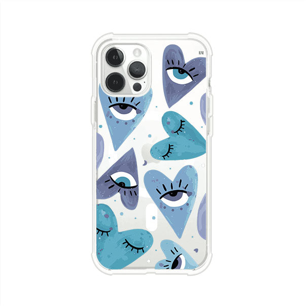 Funda para iPhone con corazones azules y ojos ilustrados, diseño artístico original y expresivo para un estilo auténtico. Producto de Remark Mx