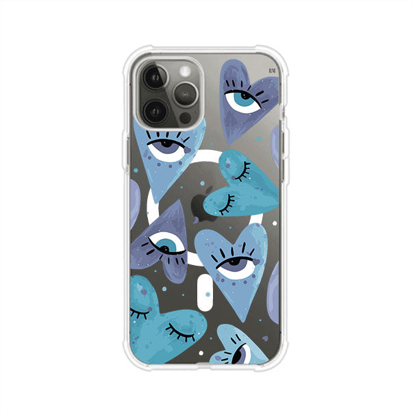 Funda para iPhone con corazones azules y ojos ilustrados, diseño artístico original y expresivo para un estilo auténtico. Producto de Remark Mx