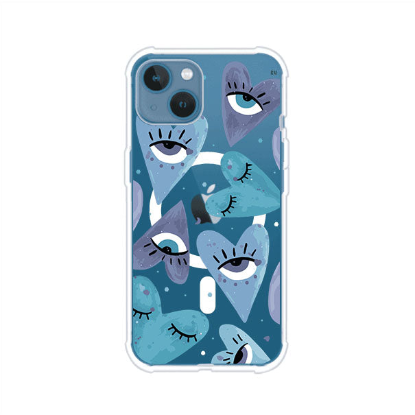 Funda para iPhone con corazones azules y ojos ilustrados, diseño artístico original y expresivo para un estilo auténtico. Producto de Remark Mx