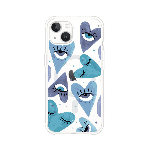 Funda para iPhone con corazones azules y ojos ilustrados, diseño artístico original y expresivo para un estilo auténtico. Producto de Remark Mx