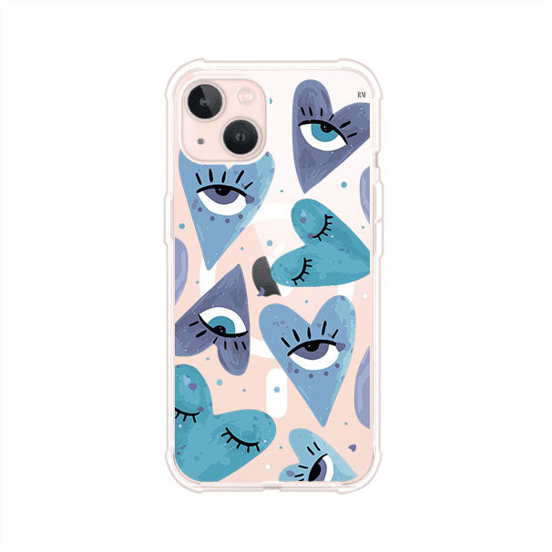 Funda para iPhone con corazones azules y ojos ilustrados, diseño artístico original y expresivo para un estilo auténtico. Producto de Remark Mx