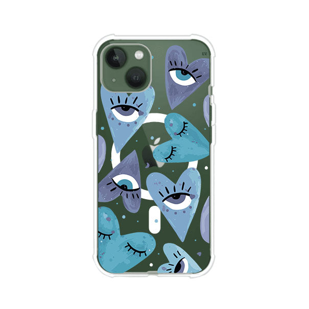 Funda para iPhone con corazones azules y ojos ilustrados, diseño artístico original y expresivo para un estilo auténtico. Producto de Remark Mx