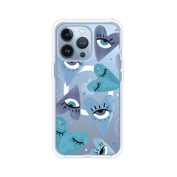 Funda para iPhone con corazones azules y ojos ilustrados, diseño artístico original y expresivo para un estilo auténtico. Producto de Remark Mx