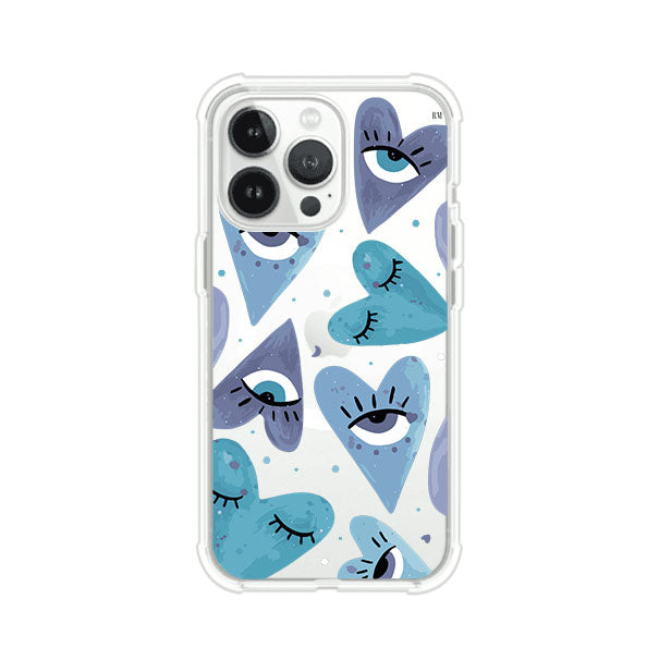 Funda para iPhone con corazones azules y ojos ilustrados, diseño artístico original y expresivo para un estilo auténtico. Producto de Remark Mx