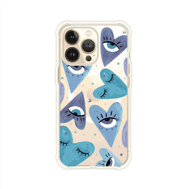 Funda para iPhone con corazones azules y ojos ilustrados, diseño artístico original y expresivo para un estilo auténtico. Producto de Remark Mx