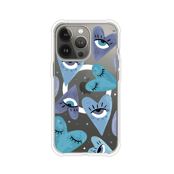 Funda para iPhone con corazones azules y ojos ilustrados, diseño artístico original y expresivo para un estilo auténtico. Producto de Remark Mx