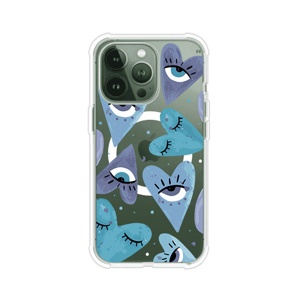 Funda para iPhone con corazones azules y ojos ilustrados, diseño artístico original y expresivo para un estilo auténtico. Producto de Remark Mx