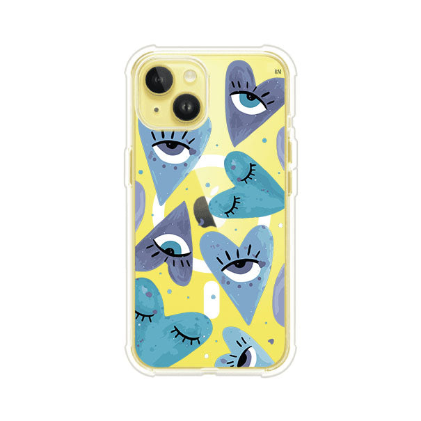 Funda para iPhone con corazones azules y ojos ilustrados, diseño artístico original y expresivo para un estilo auténtico. Producto de Remark Mx
