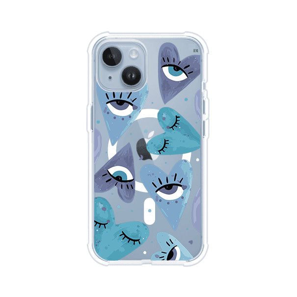 Funda para iPhone con corazones azules y ojos ilustrados, diseño artístico original y expresivo para un estilo auténtico. Producto de Remark Mx