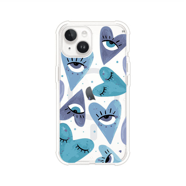 Funda para iPhone con corazones azules y ojos ilustrados, diseño artístico original y expresivo para un estilo auténtico. Producto de Remark Mx