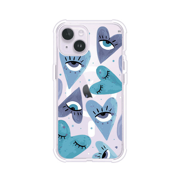 Funda para iPhone con corazones azules y ojos ilustrados, diseño artístico original y expresivo para un estilo auténtico. Producto de Remark Mx