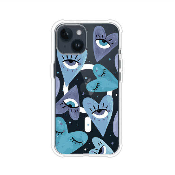 Funda para iPhone con corazones azules y ojos ilustrados, diseño artístico original y expresivo para un estilo auténtico. Producto de Remark Mx