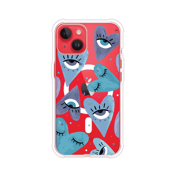 Funda para iPhone con corazones azules y ojos ilustrados, diseño artístico original y expresivo para un estilo auténtico. Producto de Remark Mx